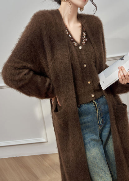Coffee Sequins Pockets Cardigans and Vest Ma Hai Mao Two Pieces Set Winter