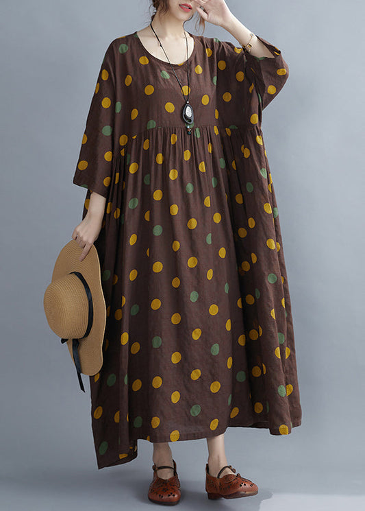 Coffee O-neck Dot Print Party Long Dress Spring