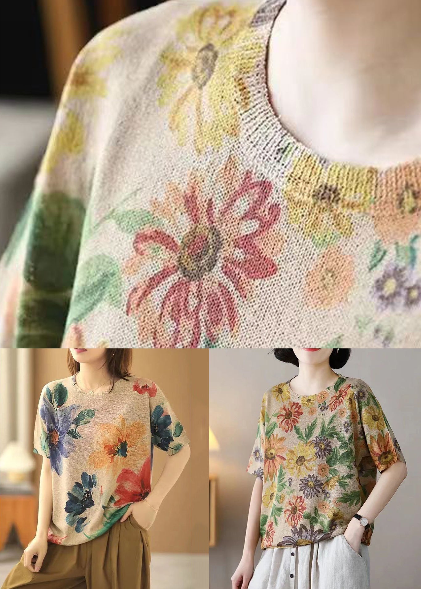 Floret Print Patchwork Cotton Knit T Shirts O-neck Summer