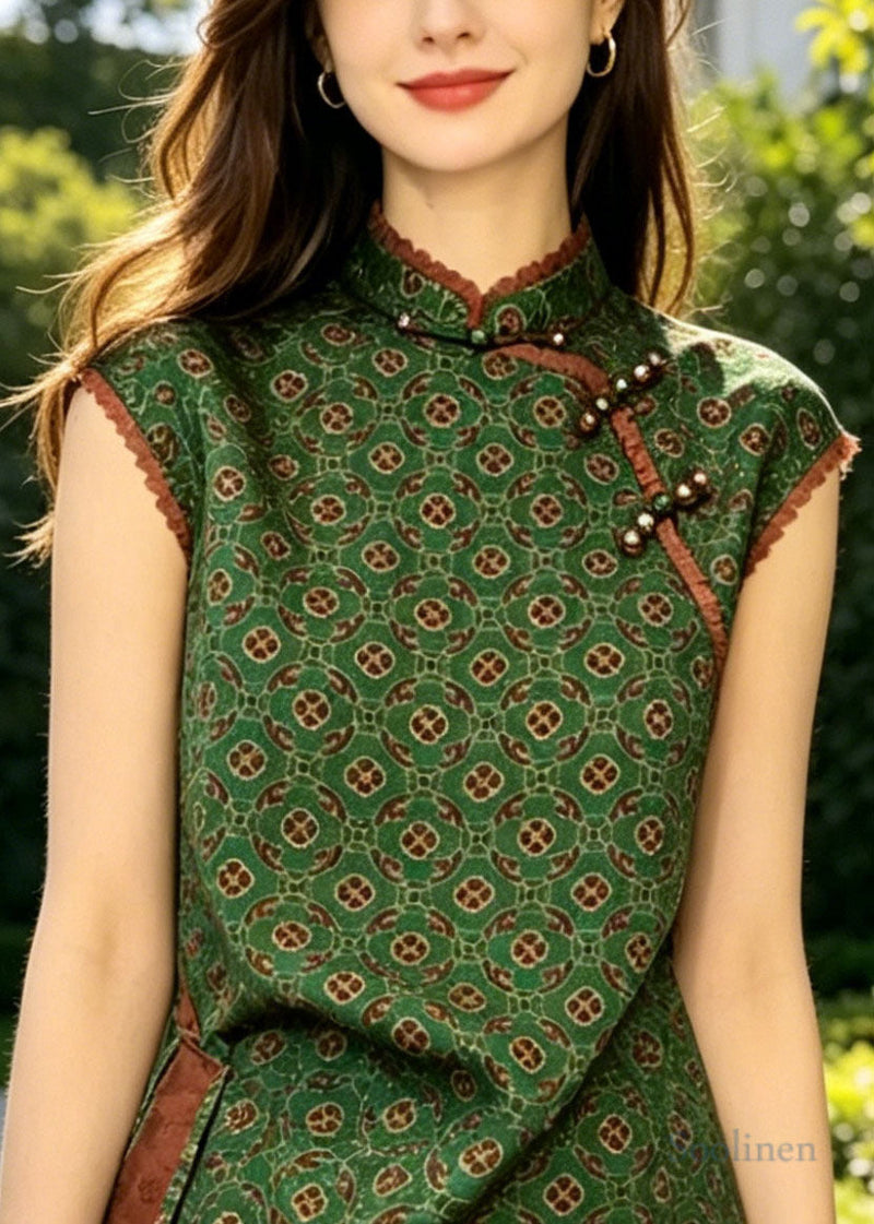 Green Asymmetrical Print Silk Oriental Vest Tops Sleeveless