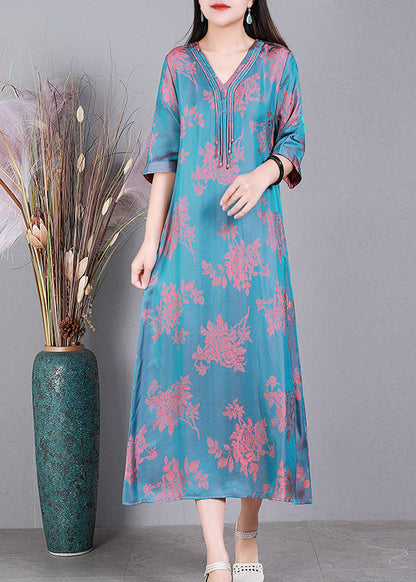 Lake Blue V Neck Jacquard Tassel Silk Holiday Dress Half Sleeve