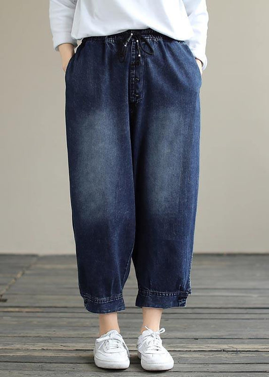 French Denim Blue Pants Spring Elastic Waist Pockets Inspiration Pants