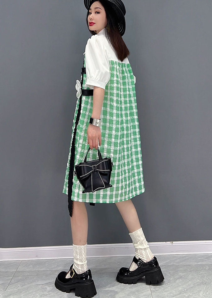 Modern Green Plaid Peter Pan Collar Patchwork Maxi Dress Short Sleeve