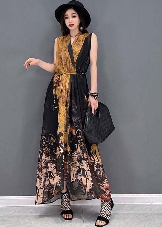 Colorblock V Neck Tie Waist Draping Chiffon Holiday Dress Sleeveless