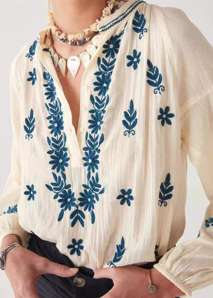 New Beige Embroidered Puff Sleeve Cotton Shirt Top