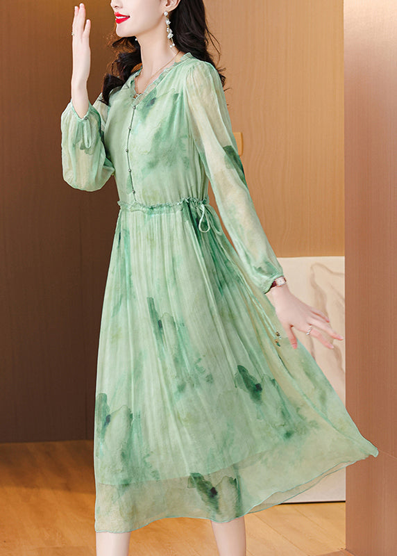 Green Ruffled Print Lace Up Chiffon Dress Summer
