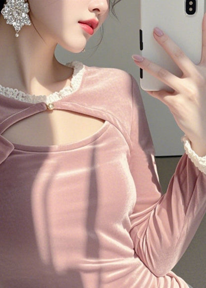 Pink O-neck Asymmetrical Silk Velour Tops Spring