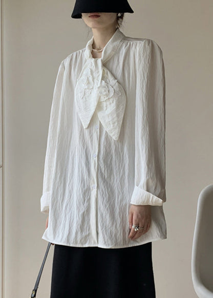 White Bow Button Cotton Blouse Fall