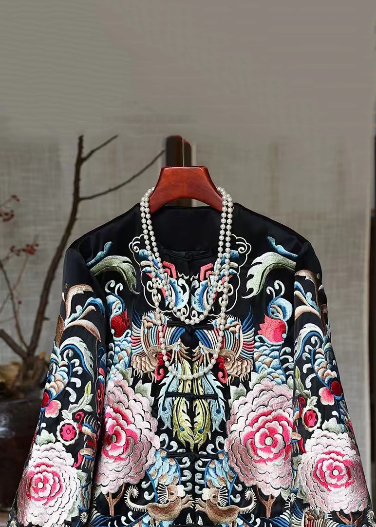 New Black Print Chinese Button Silk Coats Spring
