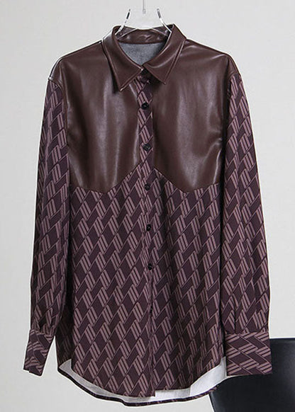 Loose Print Pu Patchwork Shirts Spring