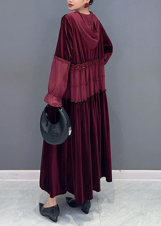 Wine Red Ruffled Lace Up Patchwork Velour Long Dresses Fall