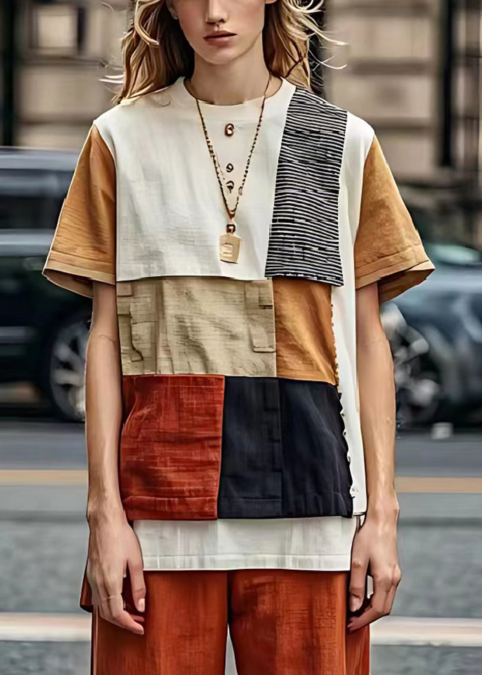 Khaki Asymmetrical Patchwork Linen Tanks Summer