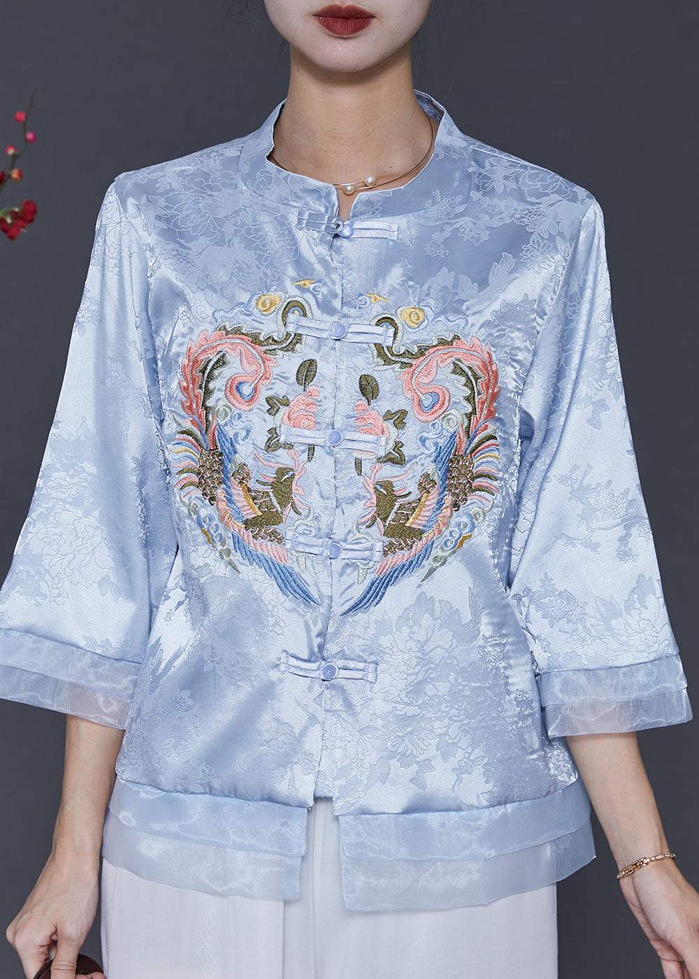 Blue Embroidered Patchwork Oriental Silk Blouses Spring