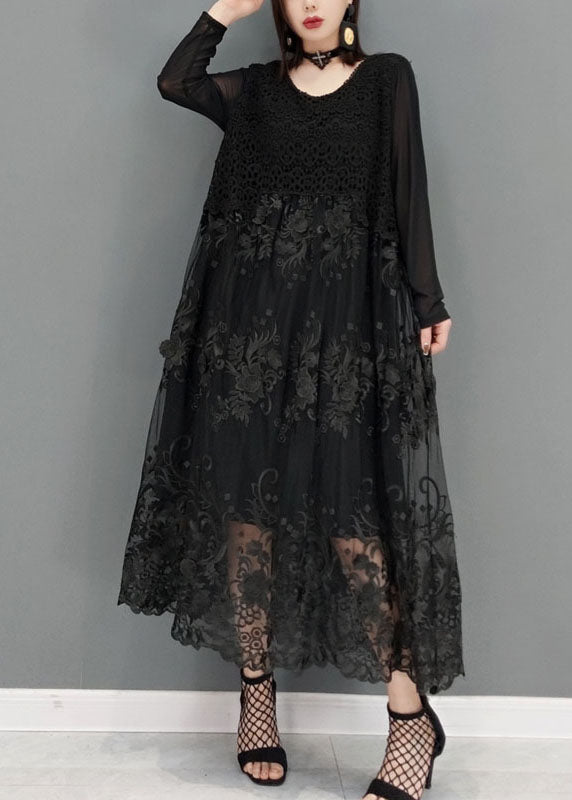 Loose Black O-neck Lace Vacation Dresses Long Sleeve