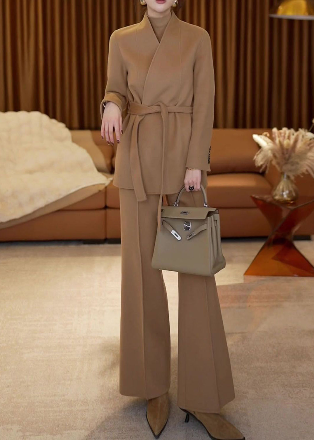 French Khaki V Neck Tie Waist Woolen Two-piece Set Winter