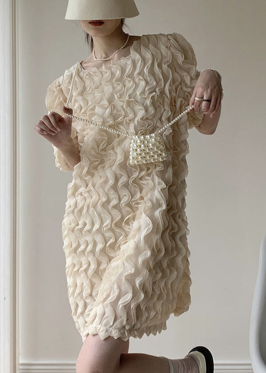Apricot Patchwork Tulle Mid Dress Ruffled O-neck Puff Sleeve Summer