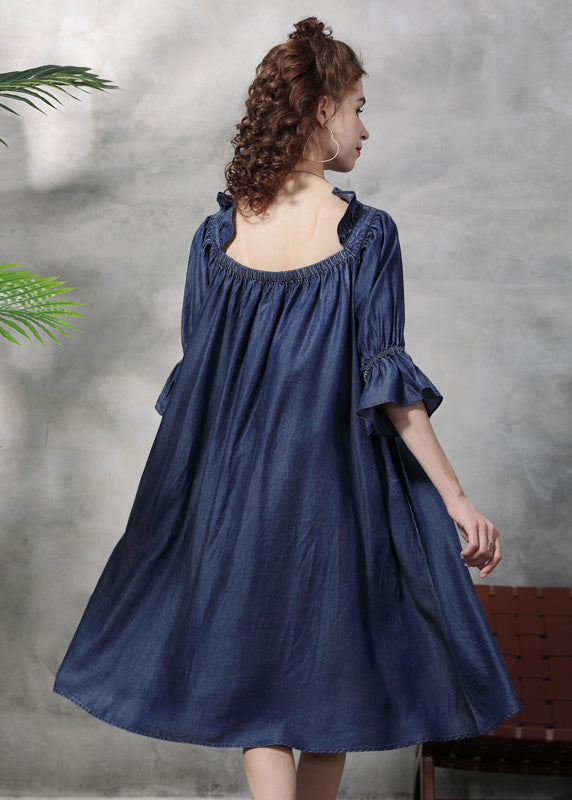 Italian Denim Blue Ruffled Embroideried Cotton a Line Dress Half Sleeve
