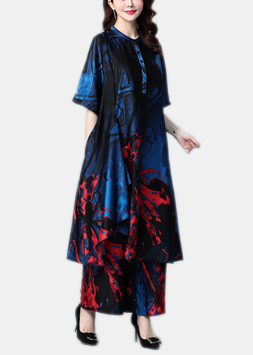Blue Print Silk Dress and Wide Leg Pants Two Piece Set Outfits Stand Collar Button Summer