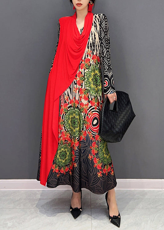 Red V Neck Print Patchwork Cotton Long Dresses Fall