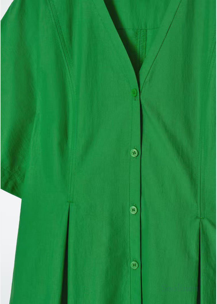 Grass Green V Neck Cotton Work Dress Summer