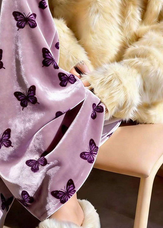 Purple Print Draping Silk Velvet Wide Leg Pants