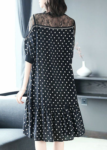 Black Hollow Out Lace Patchwork Dot Chiffon Dresses Summer