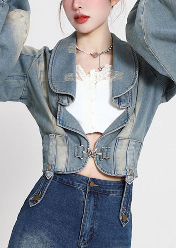 Blue Patchwork Denim Coats Lantern Sleeve
