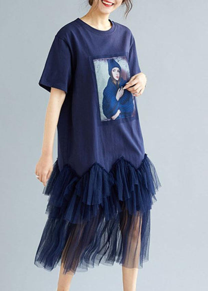 Classy Navy Patchwork Character Pattern Short Sleeve Robe Dresses
