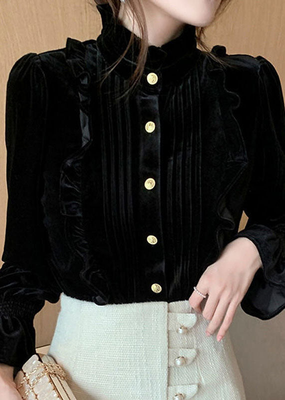 Black Stand Collar Ruffled Wrinkled Silk Velour Shirts Long Sleeve