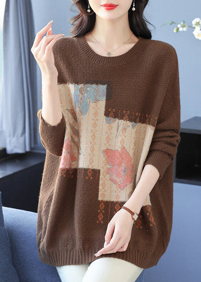 Grey O Neck Print Zircon Woolen Knit Sweaters Spring