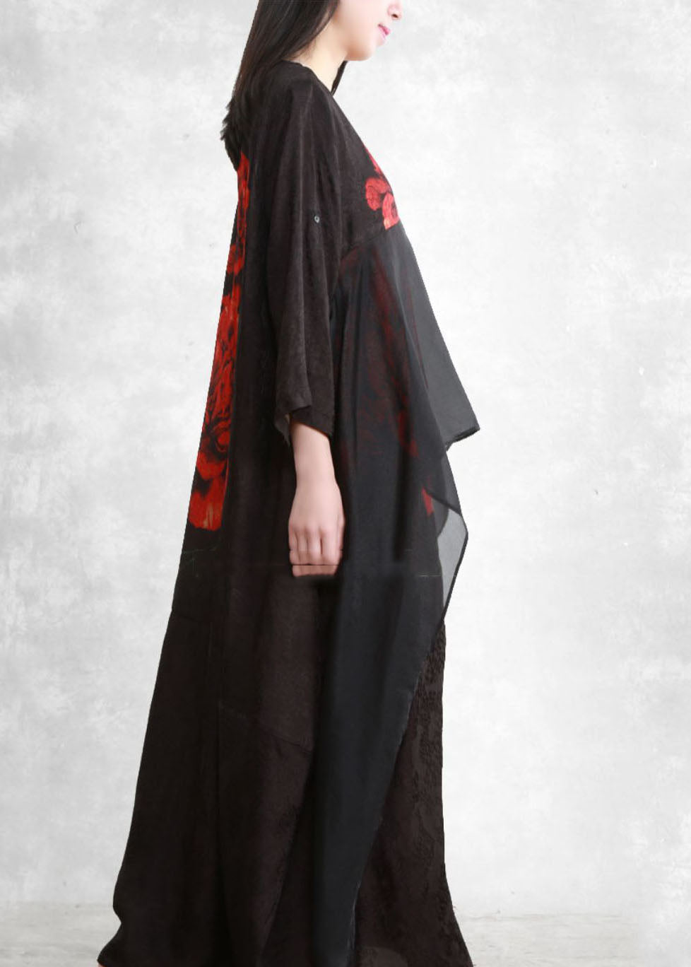 Black O-neck Asymmetrical Print Long Dresses Three Quarter Sleeve