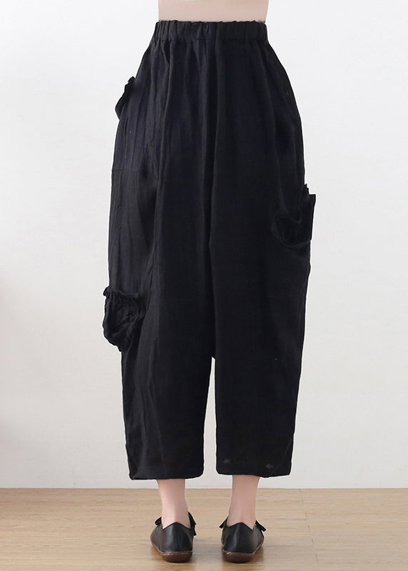 Black High Waist Pockets Linen Wide Leg Pants Summer