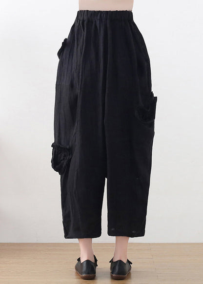 Black High Waist Pockets Linen Wide Leg Pants Summer