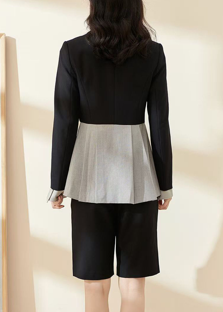 Loose Black Asymmetrical Patchwork Shirts and Shorts Two Pieces Sets Long Sleeve