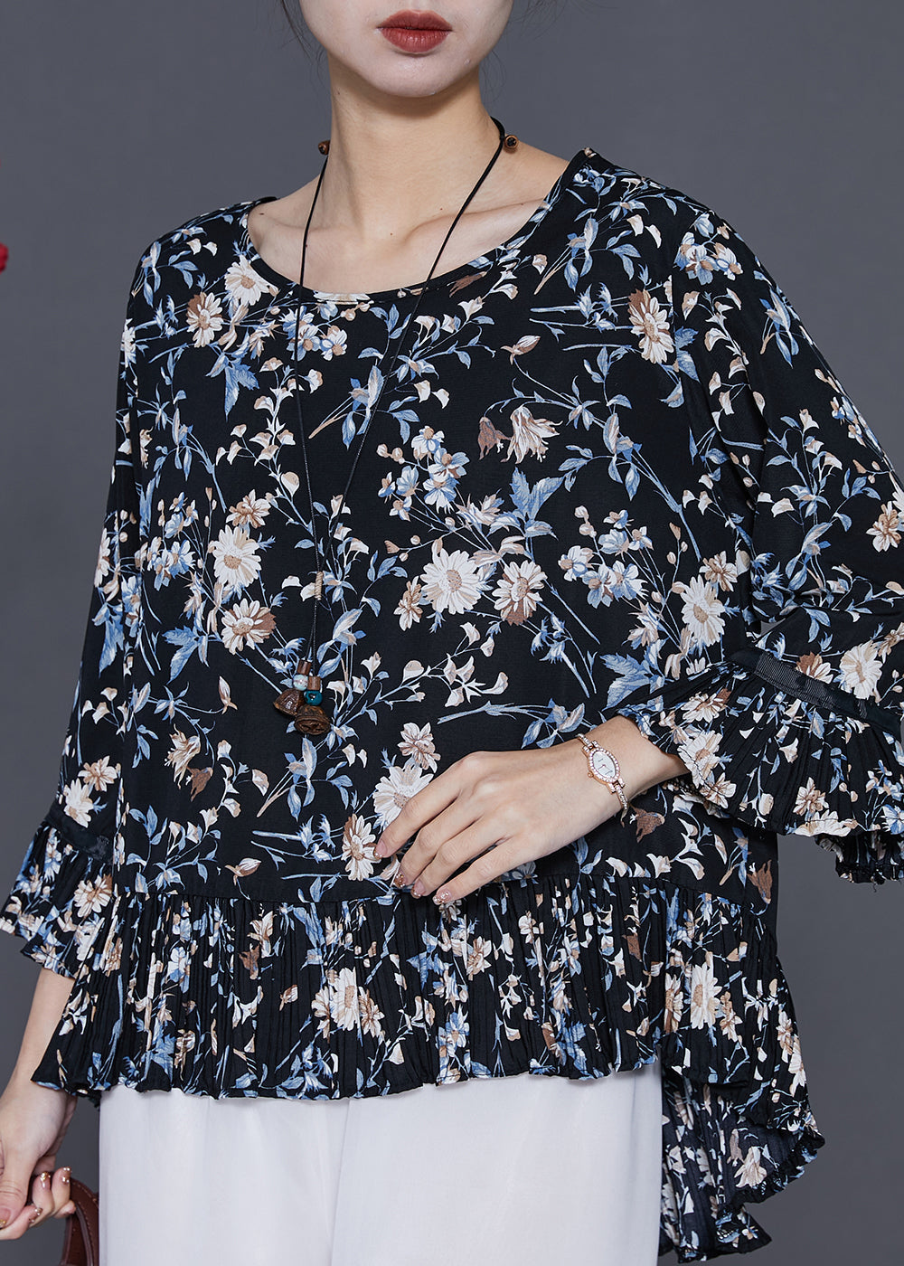 Black Oversized Print Chiffon Blouses Summer