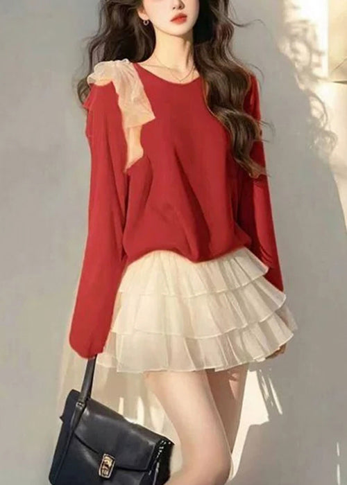 New Orange Bow Tops and White Tulle Skirts Cotton Two Piece Set Fall