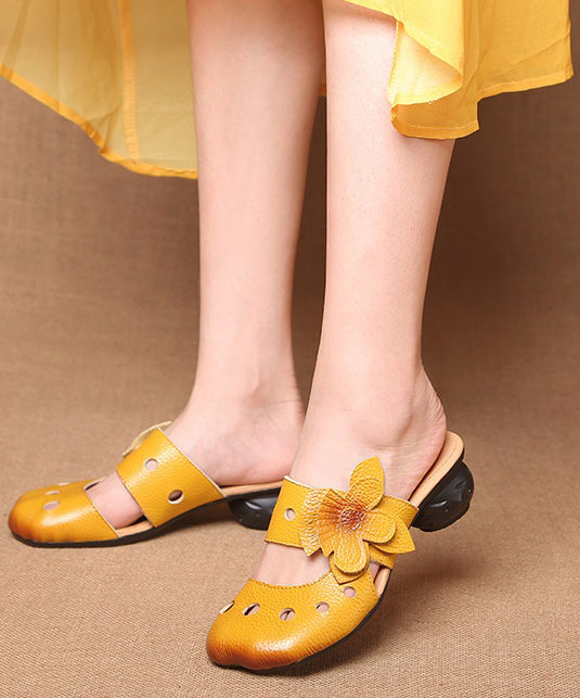 Yellow Splicing Cowhide Leather Chunky Slide Sandals