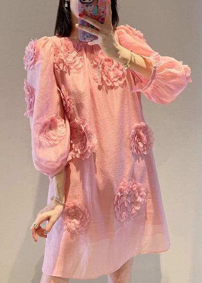 Loose Pink O-neck Mid Dress Long Sleeve