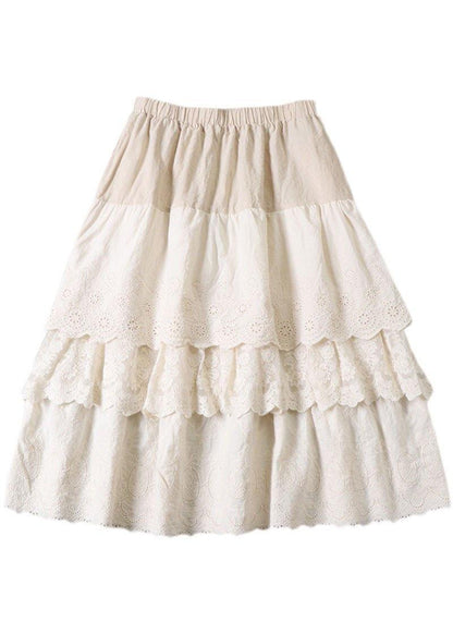 Beige Embroideried Wrinkled Patchwork Fall Tiered Skirts
