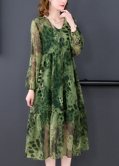 Green V Neck Ruffles Print Chiffon Long Dress Two Piece Set Long Sleeve