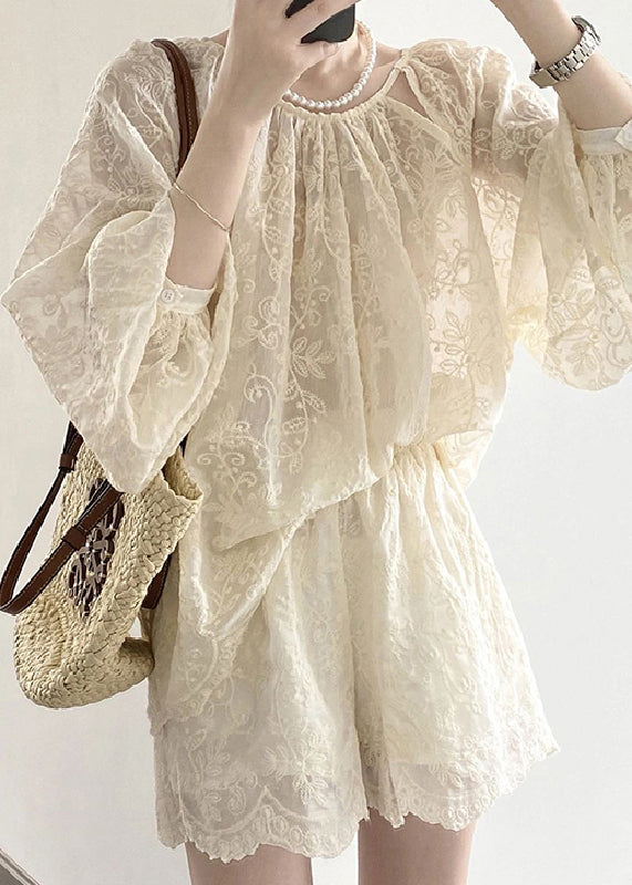 Loose Beige Embroidered Pockets Silk Cotton Two Pieces Set Bracelet Sleeve