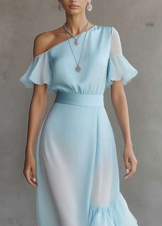 Novelty Blue Asymmetrical Patchwork Chiffon Maxi Dress Butterfly Sleeve