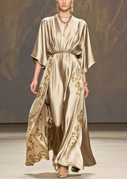 Golden Print Exra Large Hem Silk Maxi Dresses Summer