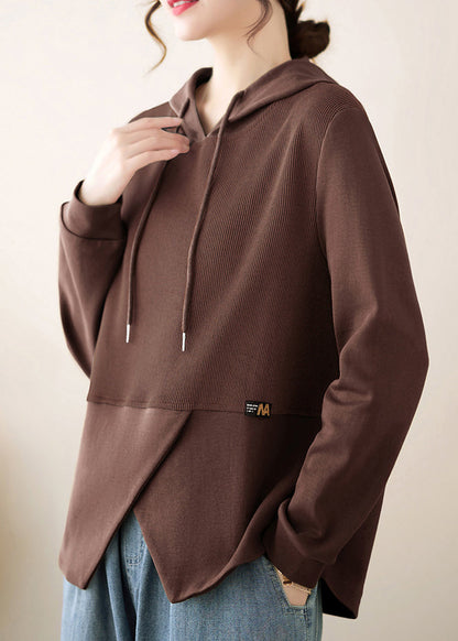 Coffee Asymmetrical Ruffled Patchwork Cotton Hooded Top Fall