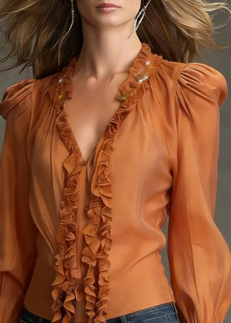 Orange Ruffled Cotton Blouse Tops V Neck Flare Sleeve Spring