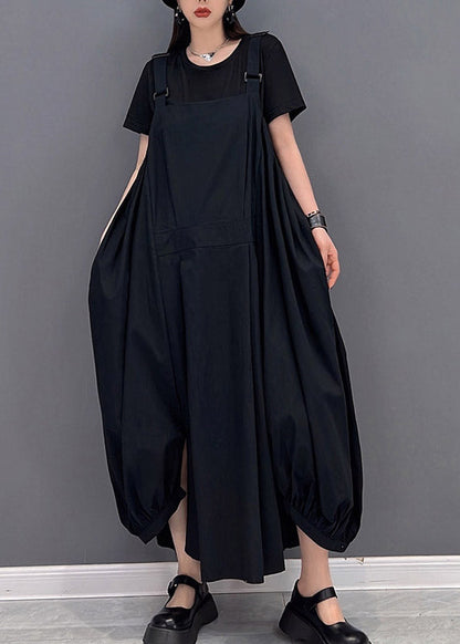Black O-neck Asymmetrical Pockets Long Dresses Sleeveless