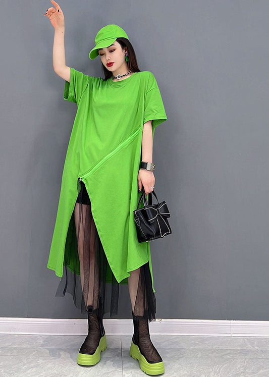 Green Asymmetrical Design Cotton Pullover Dress Short Sleeve