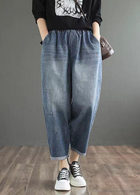 Fine Blue Elastic Waist Pockets Harem Fall Denim Pants