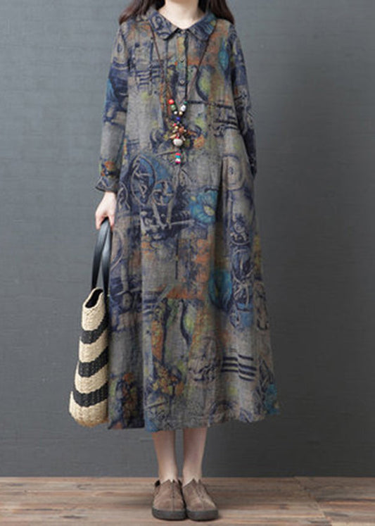 Blue Peter Pan Collar Pockets Print Cotton Party Dress Long Sleeve
