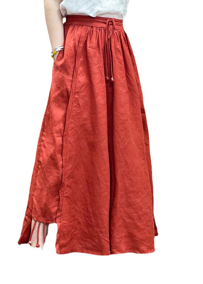 Blue Elastic Waist Drawstring Tassel Pockets Linen Skirts Spring